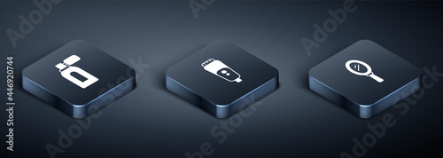 Set Isometric Aftershave with atomizer, Hand mirror and Electric razor blade icon. Vector