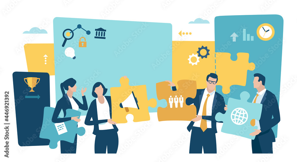 A team of experts. Finding solution. Web, advertising, human resources and accounting experts holds puzzle elements. Vector illustration. A team of experts. Finding solution. Web, advertising, human resources and accounting experts holds puzzle elements. Vector illustration.