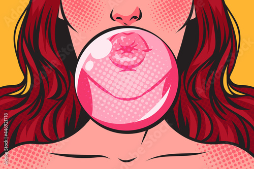 Close-up of a woman's face lips blowing bubble with a pink bubble gum. Pop art comic vector illustration.