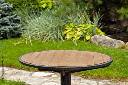 Wallpaper Mural Round wooden table on a green background. Outdoor table in nature. Grass, greens and bushes in the background. A place for products and product advertising. Torontodigital.ca