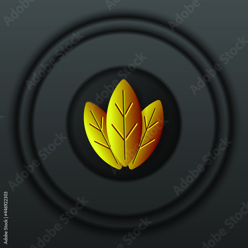 Dark relief background with multilayered round frame and golden leaves