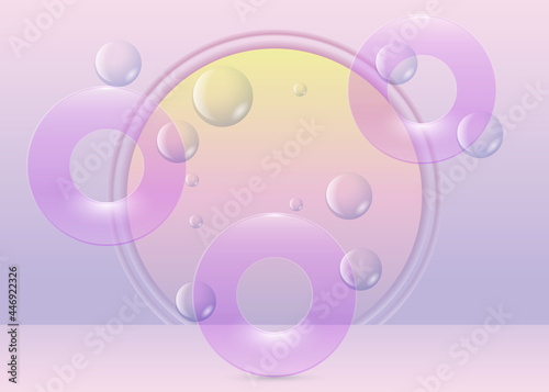 Realistic scene with group of flying objects. Transparent falling volumetric objects. Levitating composition. Simple solid geometries. Glass discs and spheres.