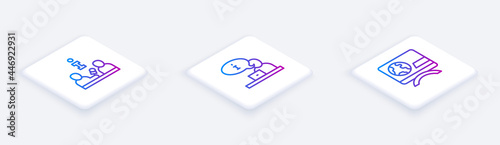 Set Isometric line Interview, Television report and Breaking news. White square button. Vector