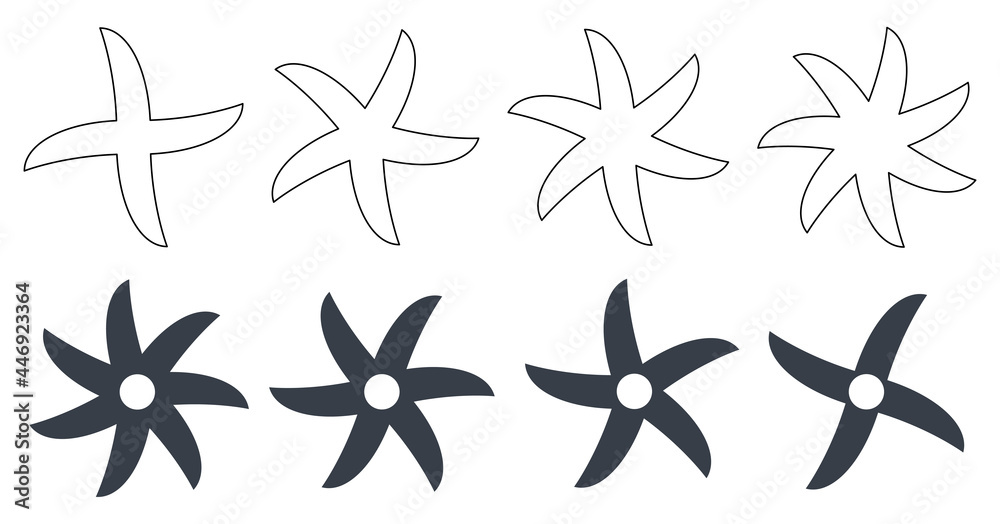 Fototapeta premium Simple ninja stars or sharp mixing rotating blades, filled and outline version with five to seven points
