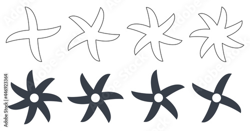 Simple ninja stars or sharp mixing rotating blades, filled and outline version with five to seven points