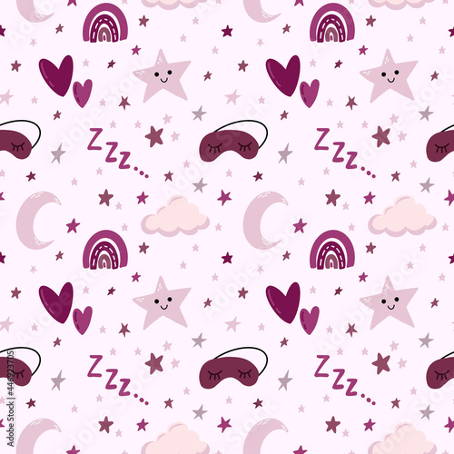 Sweet baby nursery pastel seamless pattern with moon, stars, cloud, mask for sleep. Cute hand drawn vector background print. Good night sleepy nap light backdrop, texture, print, textile