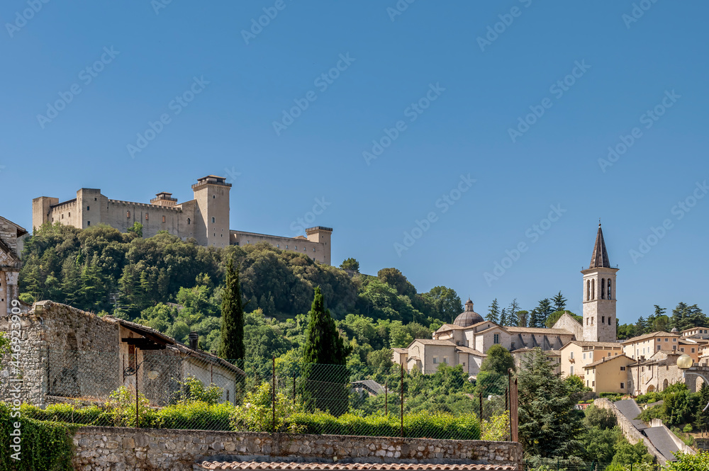 Nice glimpse of the historic center of Spoleto, Italy, including the Rocca Albornoz and the Duomo
