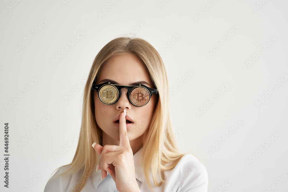 cheerful woman glasses with coins bitcoin cryptocurrency cheerful woman glasses with coins bitcoin cryptocurrency