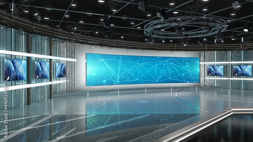 Virtual TV Studio News Set. Green screen background. 3d Rendering.