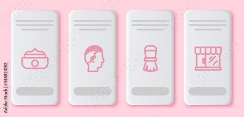 Set line Gel or wax for hair styling, Hairstyle men, Shaving brush and Barbershop building. White rectangle button. Vector