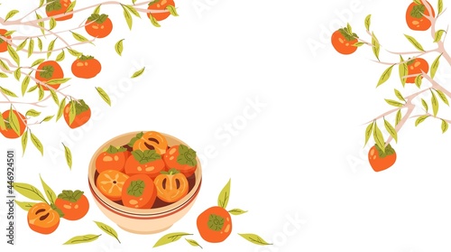 Persimmon tree branches with fruits and leaves. Ripe and juicy persimmon fruit in bowl. Frame for autumn harvest and Chuseok. Isolated vector illustration. Template design with cope space for text.