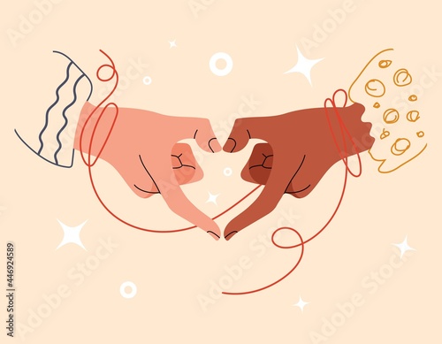 Couple hands folded in shape of heart. Red string of fate or faith destiny on wrist. Gesture or sign for Valentine day. Concept of love, friendship between peoples different races. Vector illustration