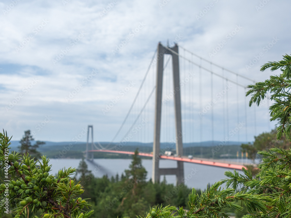 View of Högakustenbron in Sweden with trees in foreground View of Högakustenbron in Sweden with trees in foreground