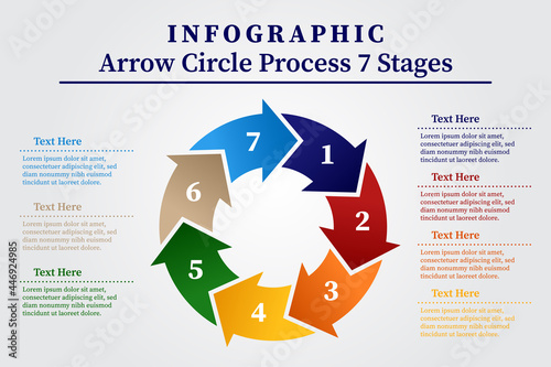 Vector circle infographic.  Business concept with 7 arrow options, parts, steps, stages or processes. Vector and illustration.
