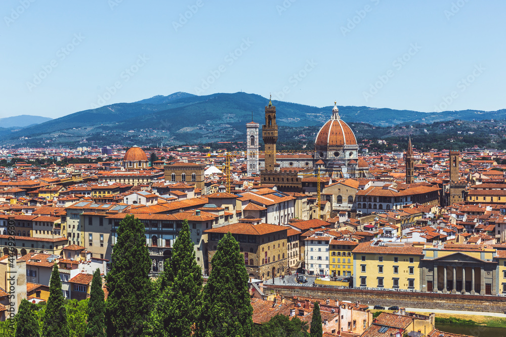 Amazing view of Florence city from the hill, Italy. Beautiful sunny day.