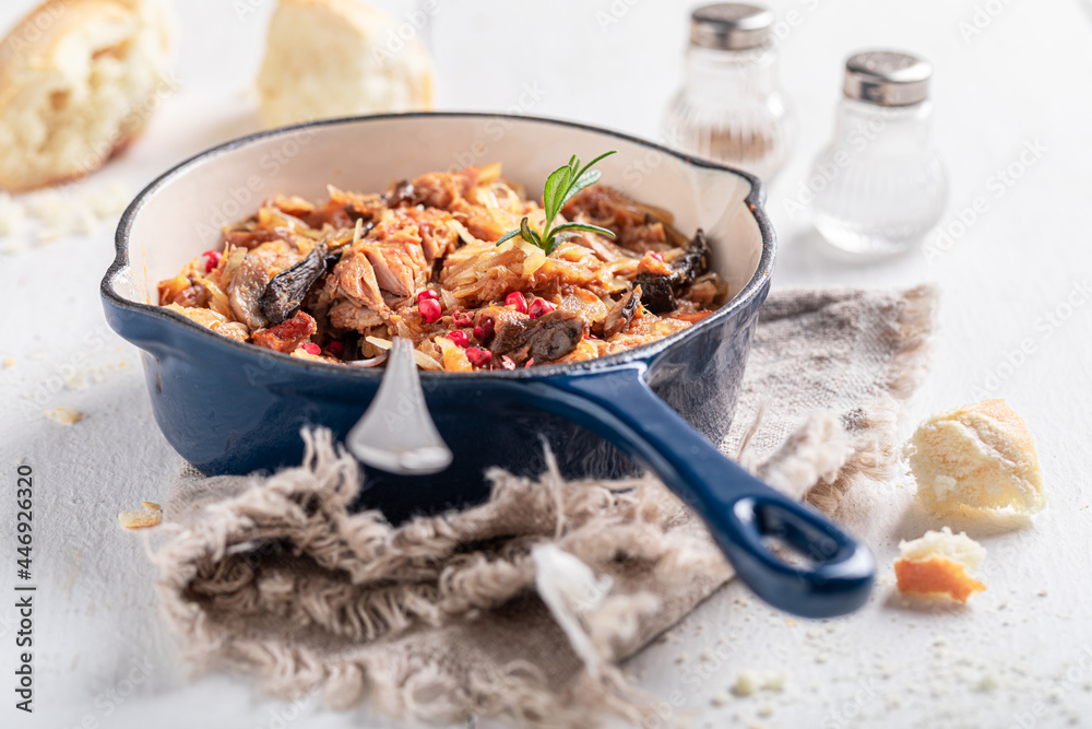 Fototapeta premium Tasty stewed cabbage and meat with beef and sauerkraut