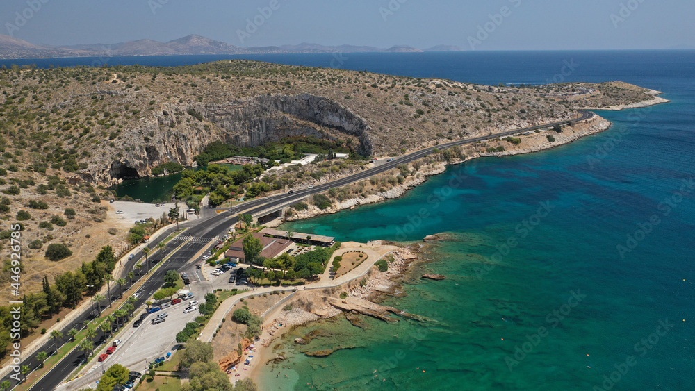 Aerial drone, photo from volcanic lake Vouliagmeni meaning 