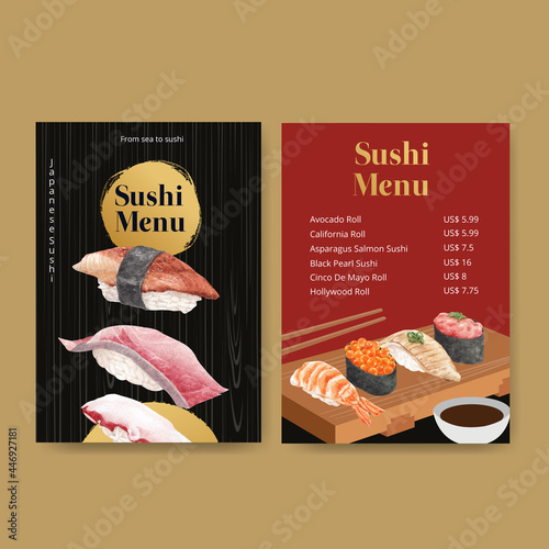 Menu template with premium sushi concept,waterolor style