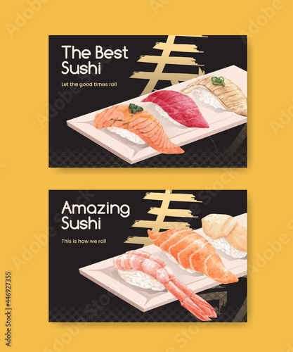 Facebook template with premium sushi concept,waterolor style
