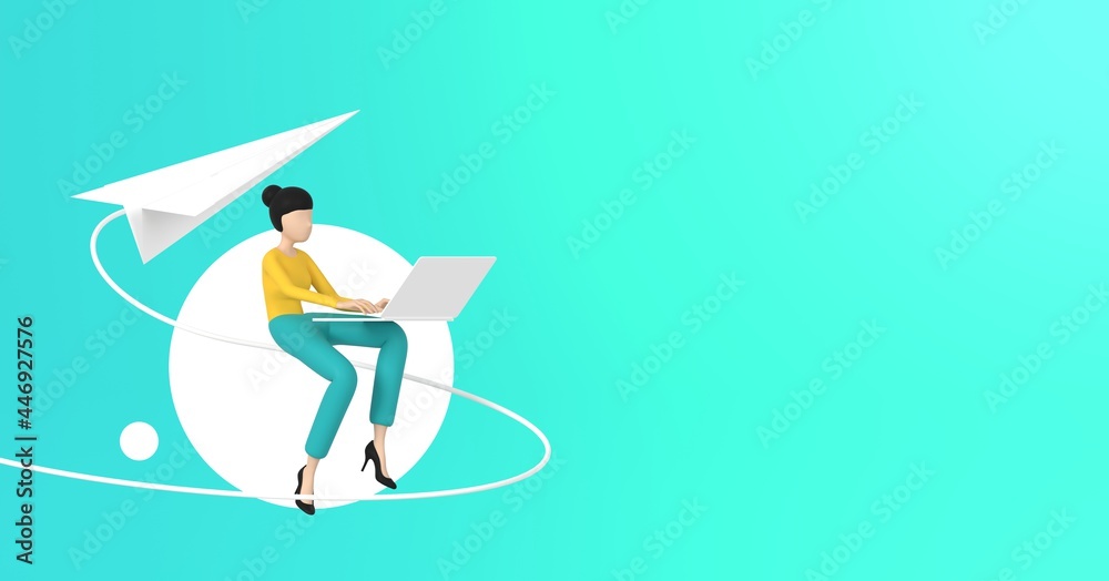 Woman cartoon with paper plane and laptop on isolated background, business design concept, trendy 3d illustration, 3d render. Woman cartoon with paper plane and laptop on isolated background, business design concept, trendy 3d illustration, 3d render.