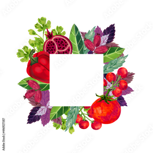 Watercolor Illustration template border frame bell pomegranate tomato coriander and basil leaves on white