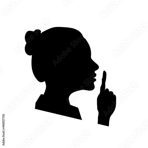 Woman face profile with hand, shhh icon on white, please keep quiet sign photo