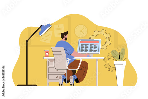 Work optimization concept. Man creates schedule, planning processes and tasks situation. Time management people scene. Vector illustration with flat character design for website and mobile site