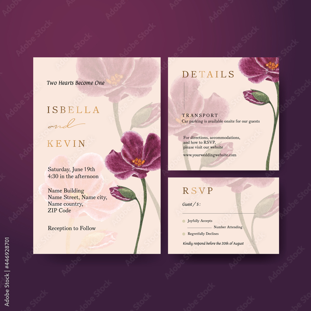 Wedding card template with muave red floral concept,waterolor style