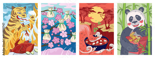Chinese cuisine poster tiger with chopsticks eat peking duck. China national food banner dumplings dim sum or wonton. Oriental flyer soup dish mapo tofu. Panda hold noodle wok red box placard. Vector