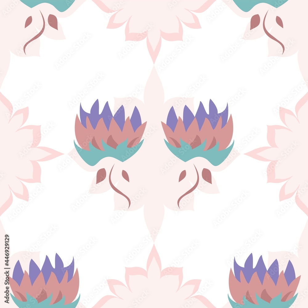 Fototapeta premium Elegant Repeating Vector Floral Pattern In Lilac, Pink And Green On White