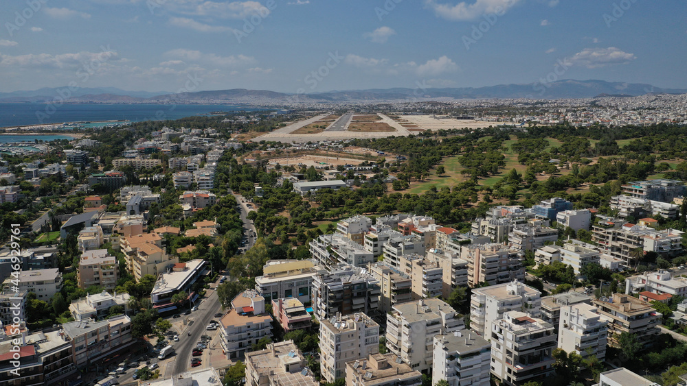 Aerial drone photo of seaside area with ports and beaches of Glifada, Athens riviera, Attica, Greece