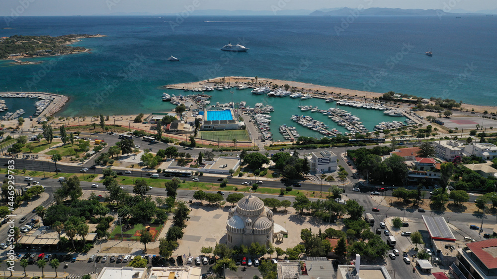 Aerial drone photo of seaside area with ports and beaches of Glifada, Athens riviera, Attica, Greece
