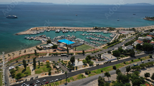 Aerial drone photo of seaside area with ports and beaches of Glifada  Athens riviera  Attica  Greece