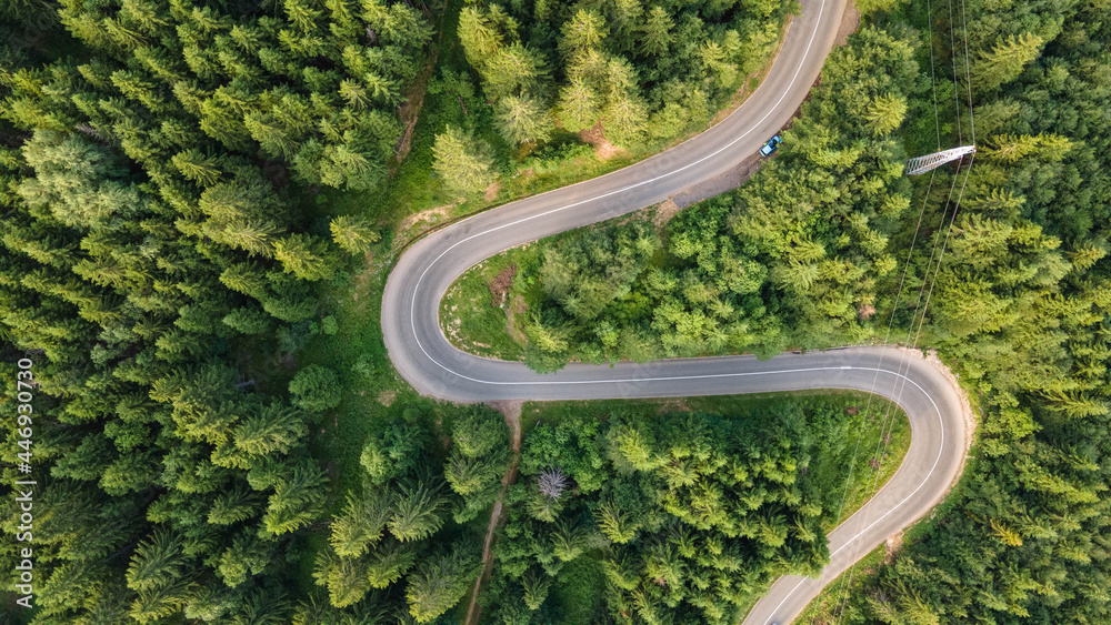 Winding road from the high mountain pass in Kopaonik, Serbia. Great road trip trough the dense woods. Aerial view. Winding road from the high mountain pass in Kopaonik, Serbia. Great road trip trough the dense woods. Aerial view.