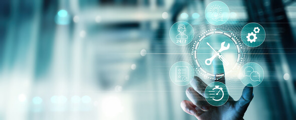 Businesswoman hand touch Service support customer help call center Business technology button on virtual screen concept