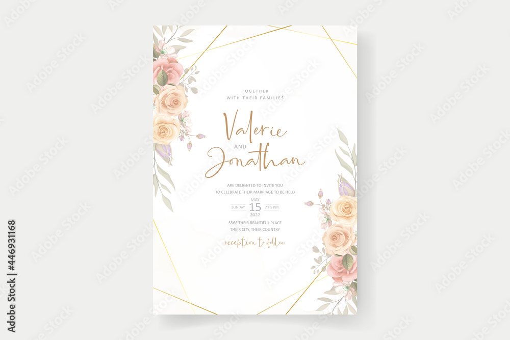 Beautiful soft floral and leaves wedding invitation card design