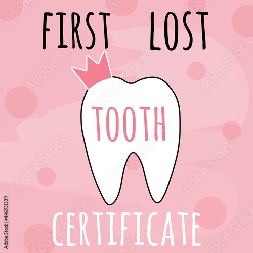 My first lost tooth pink vector illustration for kids party.
Girl first lost tooth concept for children.