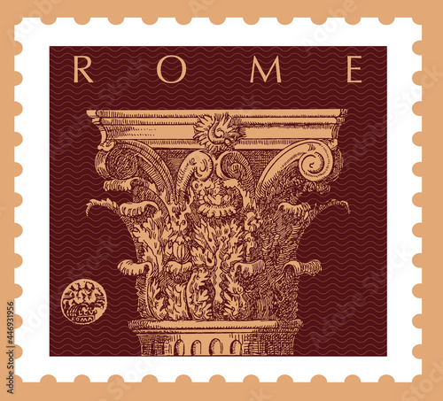 Vector image of a postage stamp with a Roman column, made in a graphic style.
