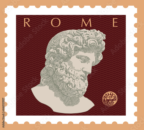 Vector image of a postage stamp with the Roman monument sculpture of Jupiter, made in graphic style.