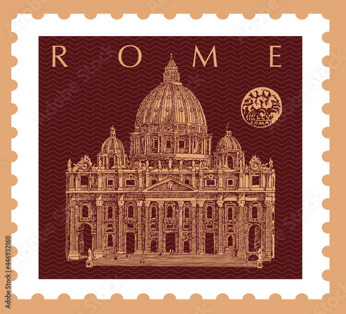 Photography Vector image of a postage stamp with the Roman monument of Saint Peter's Sabor in the Vatican, made in graphic style