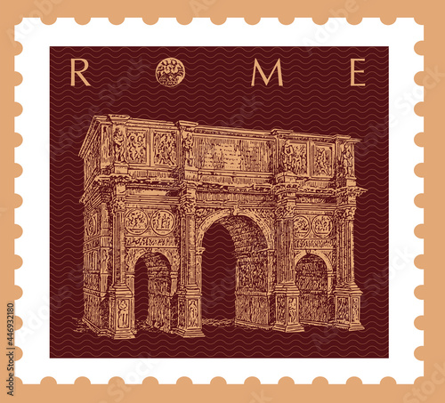 Photography Vector image of a postage stamp with a Roman monument arch, made in a graphic style