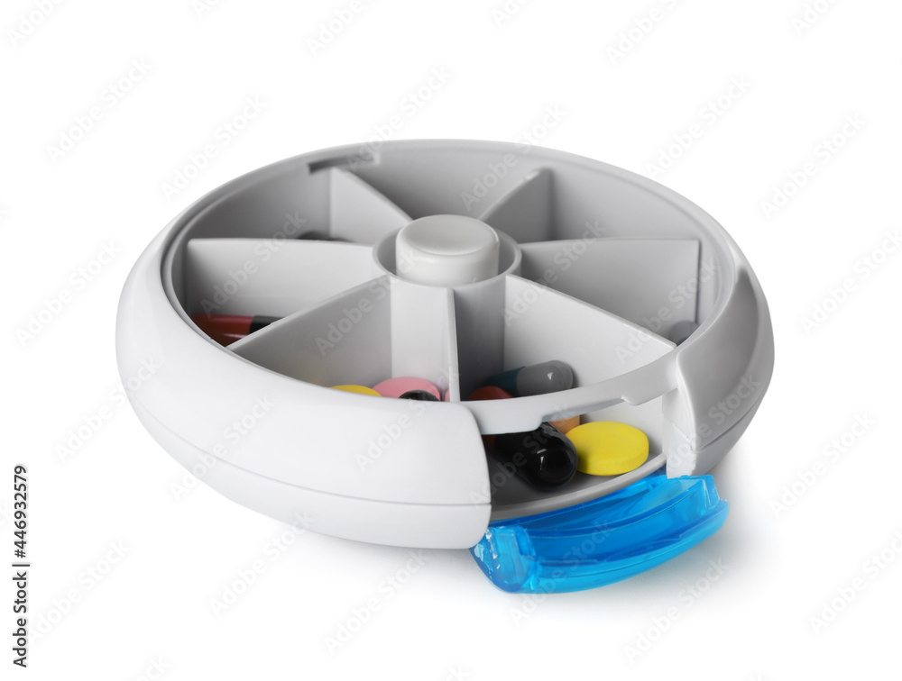 Fototapeta premium Plastic box with different pills isolated on white