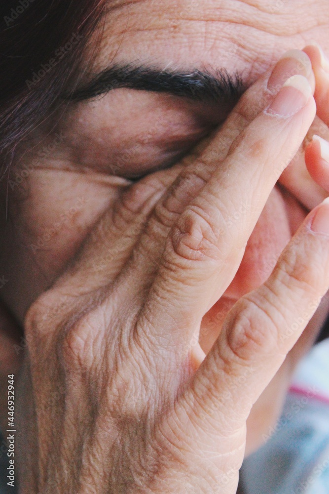 Closeup face portrait of elderly lady grey hair and wrinkles Closeup face portrait of elderly lady grey hair and wrinkles