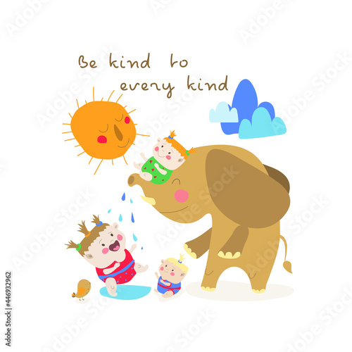 Happy children playing with a big elephant. Little girls are friends with the kind elephant. Vector illustration on white background in cartoon style. Isolate. 