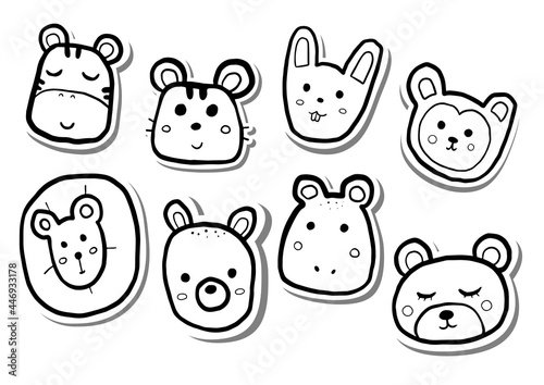 Black line Eight Cartoon Cute Fun Animals Face. Doodle on white silhouette and gray shadow. Hand drawn cartoon style. Vector illustration for decorate, coloring and any design.