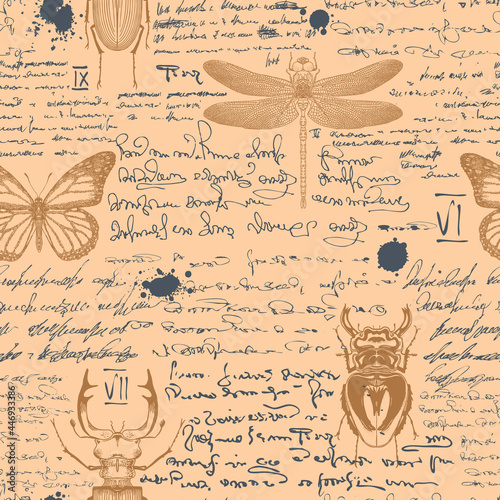 vector image of a seamless textured background in the style of notes from an entomologist diary with sketches, formulas and notes and sketches of insects