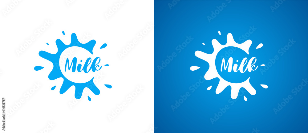 Cow milk product logo. Fresh natural lactic brand identity logotype design. Dairy splash sign for company trademark vector isolated eps Illustrations Cow milk product logo. Fresh natural lactic brand identity logotype design. Dairy splash sign for company trademark vector isolated eps Illustrations