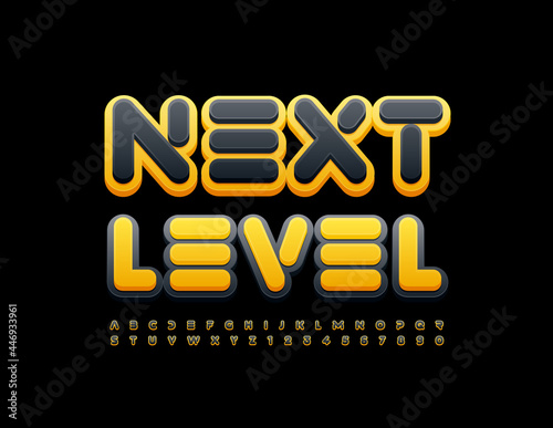 Vector Bright Sign Next Level. Trendy 3D Font. Original Alphabet Letters and Numbers set