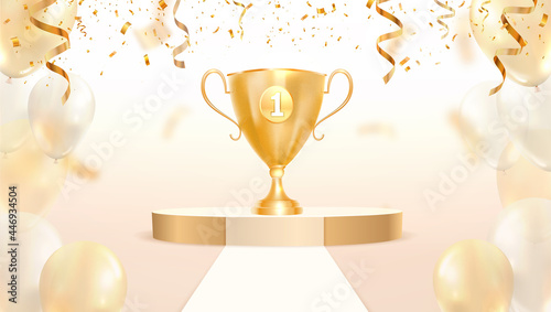 Golden trophy cup on podium vector illustration. First place win template with balloons and falling down confetti on white background
