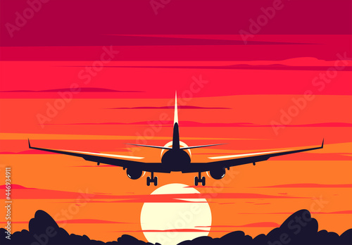 Vector illustration of a plane taking off, rear view, against a sunset background © Leonid